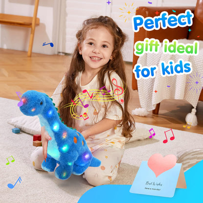 Houwsbaby 14" Blue Musical LED Dinosaur Stuffed Animal Floppy Diplodocus Plush Toy Singing Light Up Adorable Long Neck Lullaby Animated Soothe Baby Birthday Christmas Halloween for Kids Boy Toddlers