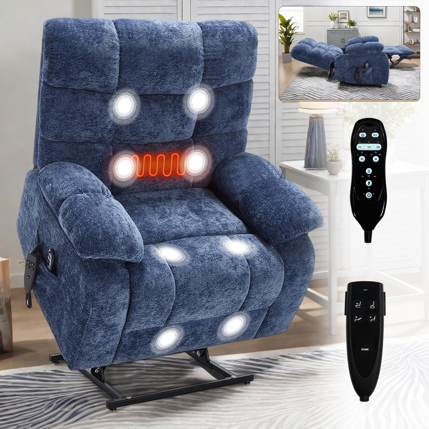 KEIKI Oversized Dual Motor Power Lift Recliner Chair for Elderly, Chenille Upholstery Breathable Rocking Chair with Back Massager and Heated, Cozy Family Room and Entertainment Hub, Blue