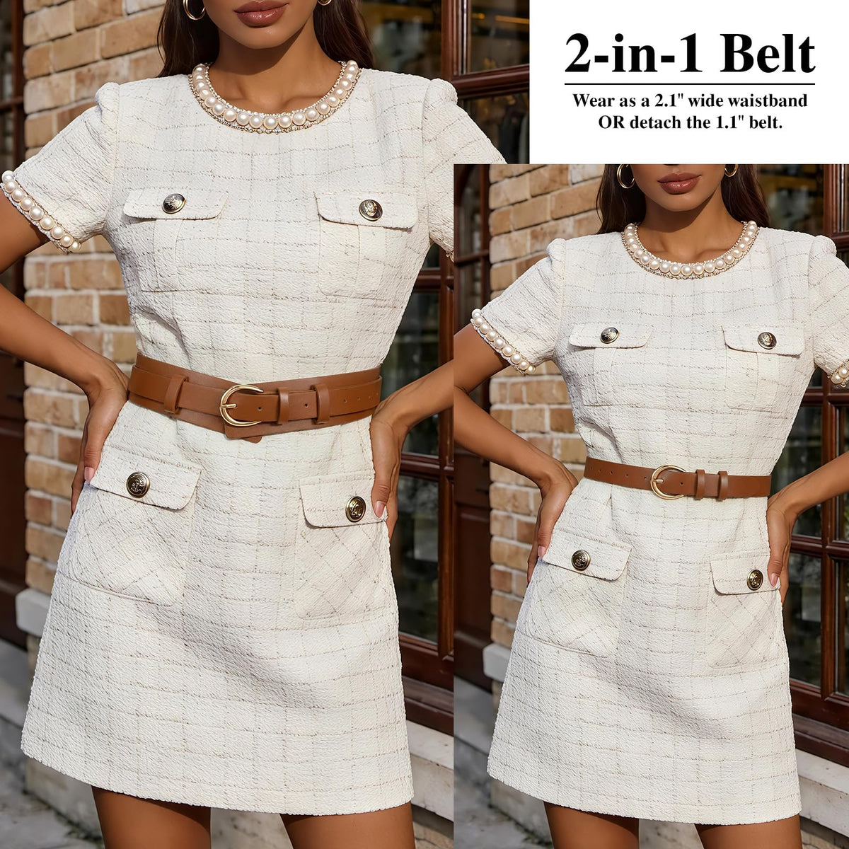 SANSTHS Belt for Women 2-in-1 Waistband for Dress Coats Pants, Women Wide Leather Belt with Fashion Buckle, Brown M