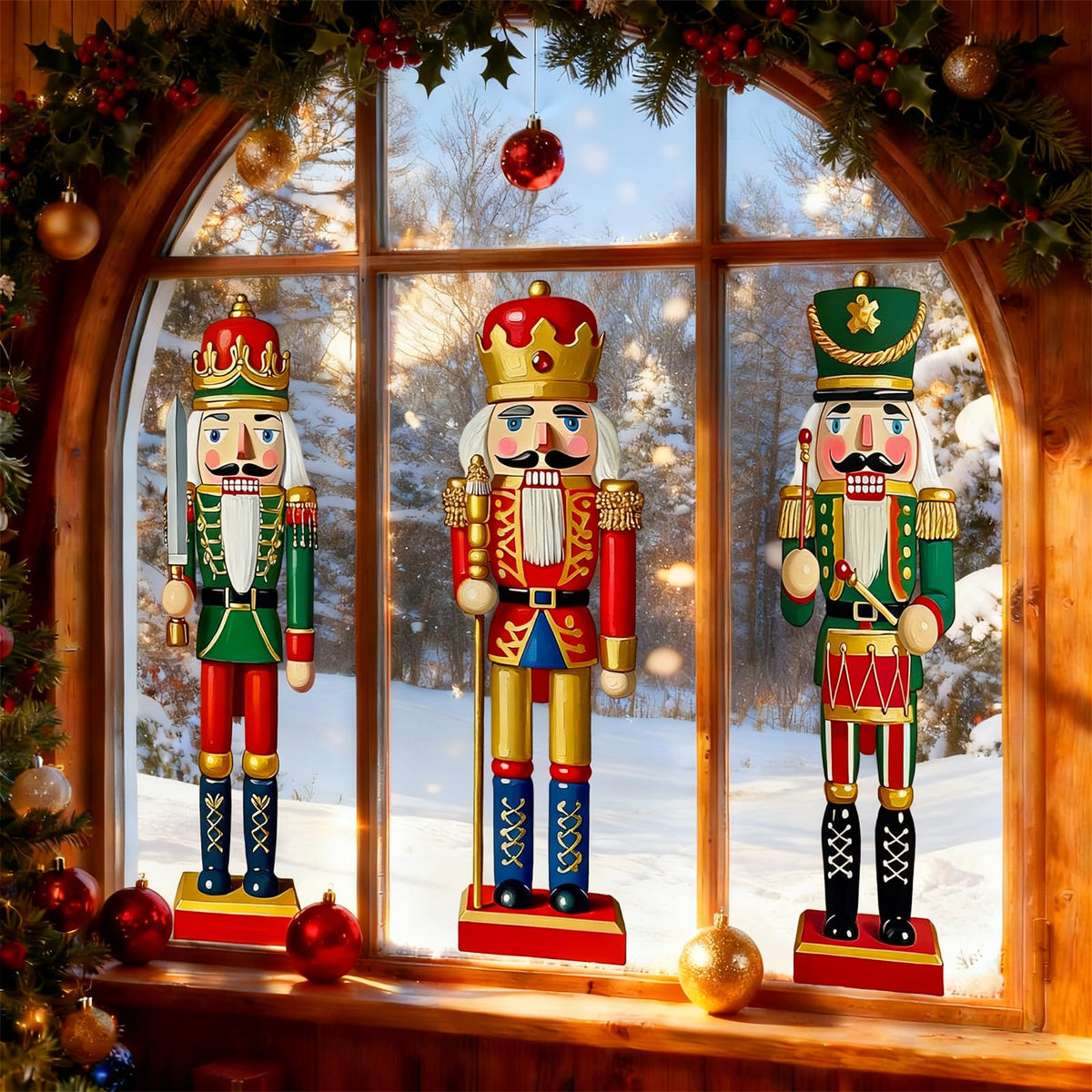 JarThenaAMCS 3 Sheets Christmas Window Clings Xmas Nutcracker Soldiers Extra Large Reusable Window Decals for Winter Holiday Home School Office Glass Decor