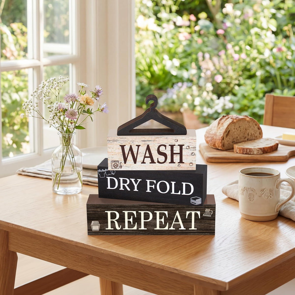 4 Pcs Laundry Wooden Table Decor, Laundry Farmhouse Table Decorations for Home Office