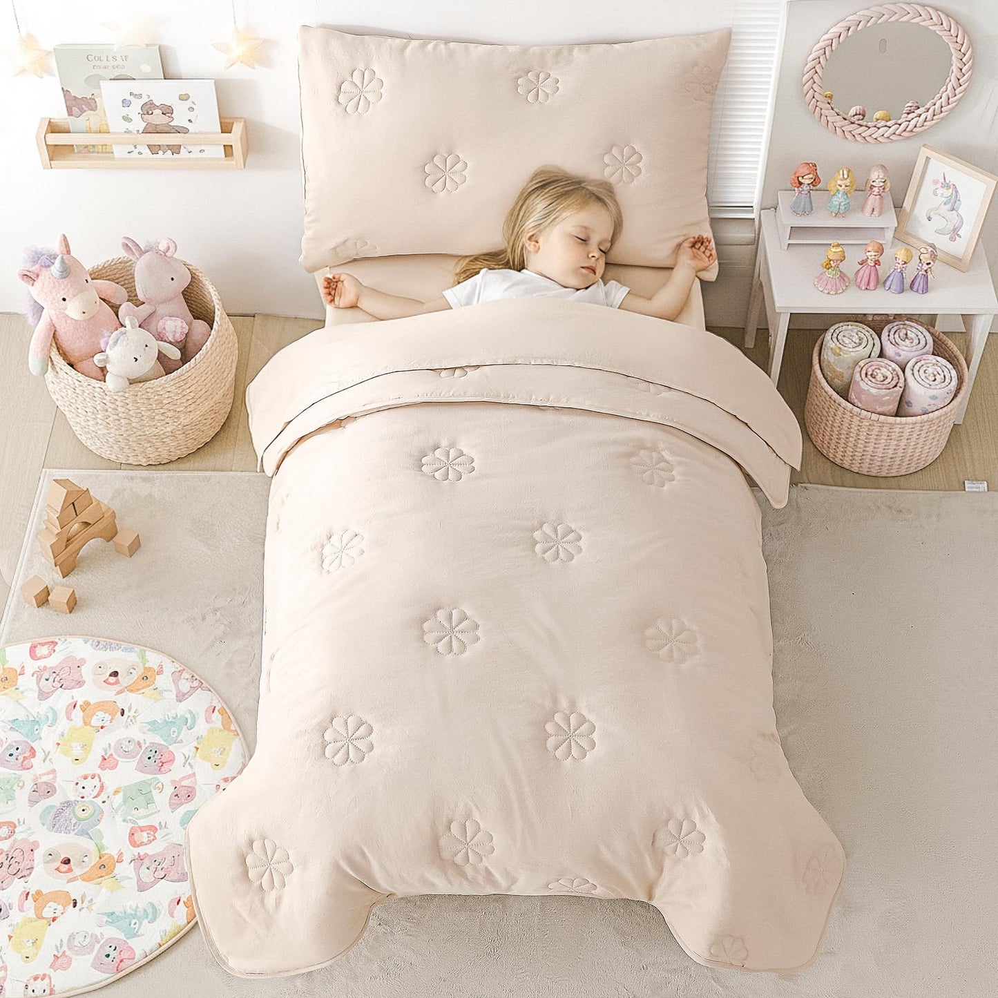 DreLunis 4-Piece Toddler Bedding Sets for Girls Boys, Soft Microfiber Floral Embroidery Toddler Bed Comforter Bed-in-a-Bag Includes Comforter, Flat Sheet, Fitted Sheet, Envelope Pillowcase, Beige