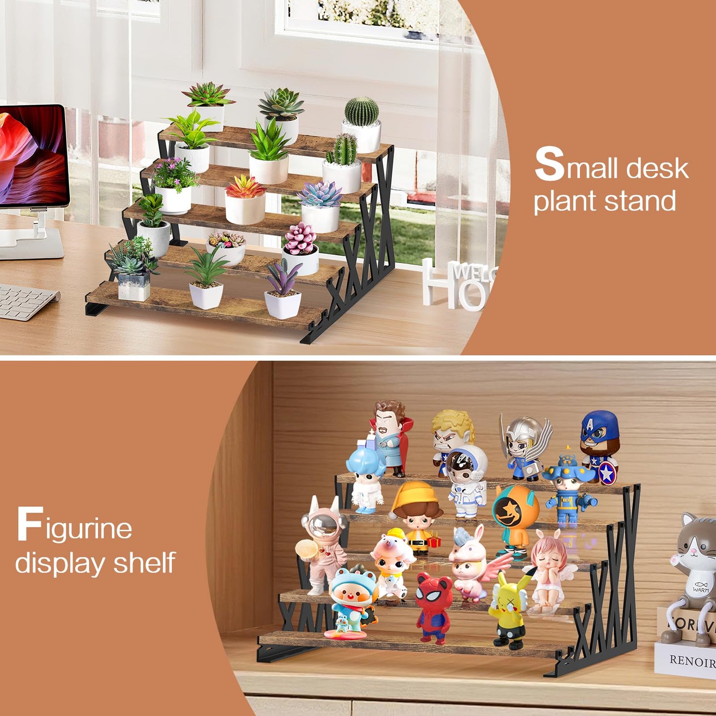 KALYLOC 5 Tier Wooden Display Riser Stand 13.8 Inch Metal Step Perfume Stand Organizer Tabletop Tiered Display Shelf Rack for Cologne Cupcake Spice Figures Cosmetics Candles (Brown, X-Shape)
