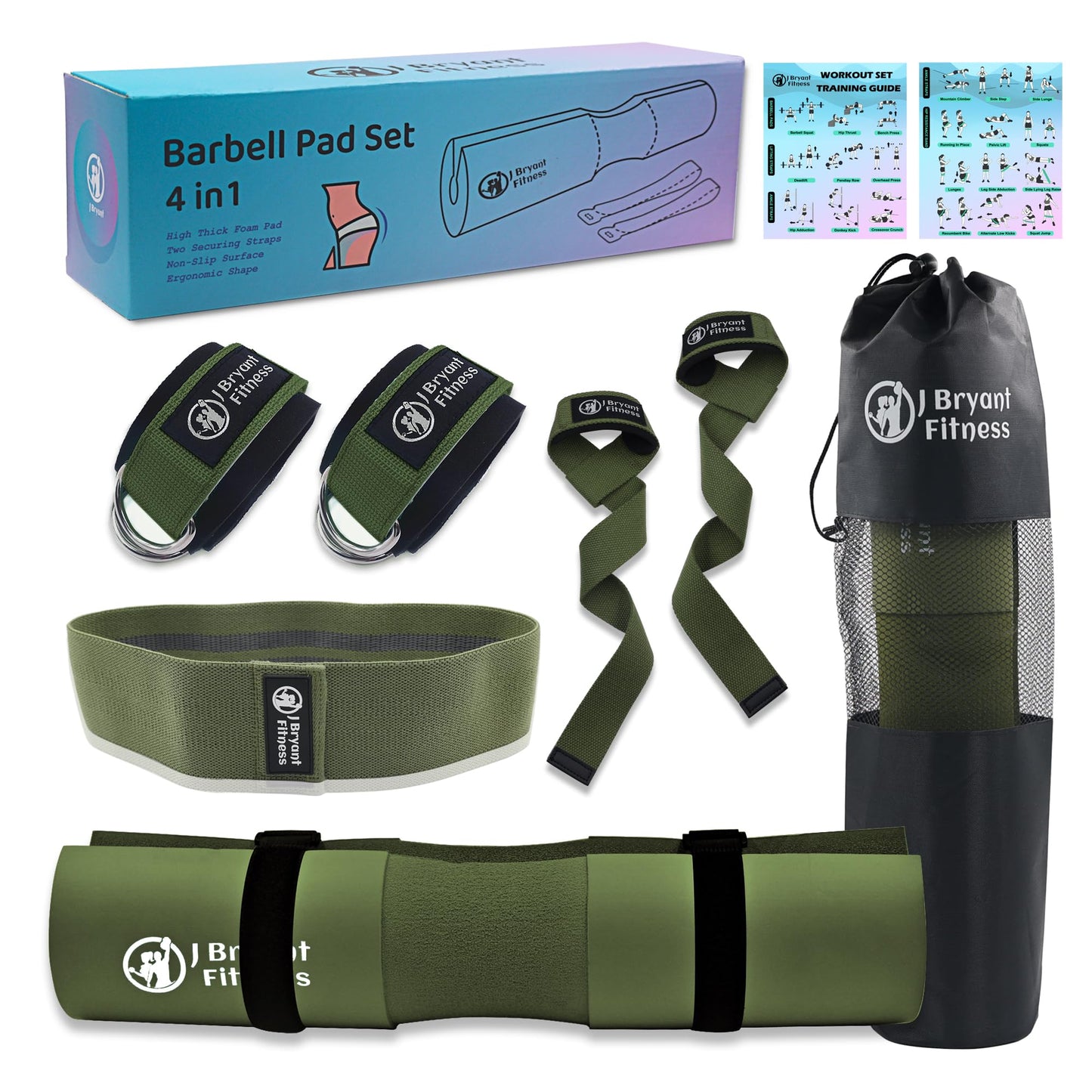 J Bryant Barbell Pad Set with 2 Ankle Straps for Cable Machines Hip Resistance Band Weight Lifting Straps Thick Cushion Hip-Thrusts Pad with Carry Bag for Squats Bench Press Workout