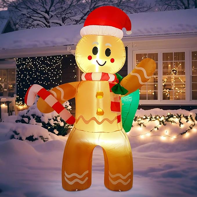 Christmas Inflatables 6 Ft Gingerbread Man with Gift Bag and Candy Cane, LED Lights Blow up Xmas Decorations for Indoor Outdoor Yard Garden Lawn Holiday Party Decor