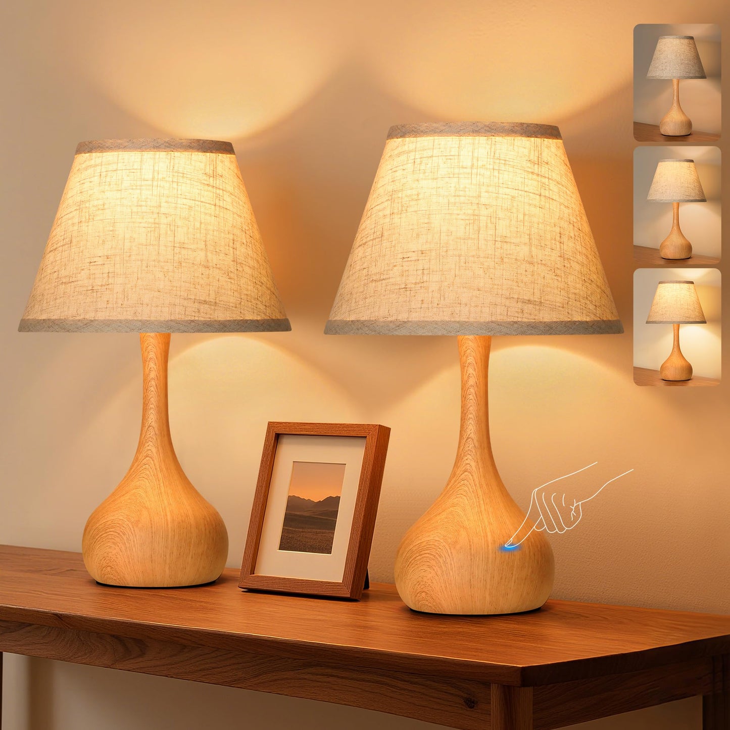 17” Touch Table Lamp for Bedroom Set of 2, 3-Way Dimmable Bedside Lamp for Nightstand, Rustic Metal Desk Lamp with Linen Shade for Living Room, Kids Reading, Dorm, Home Office Decor, Bulb Included