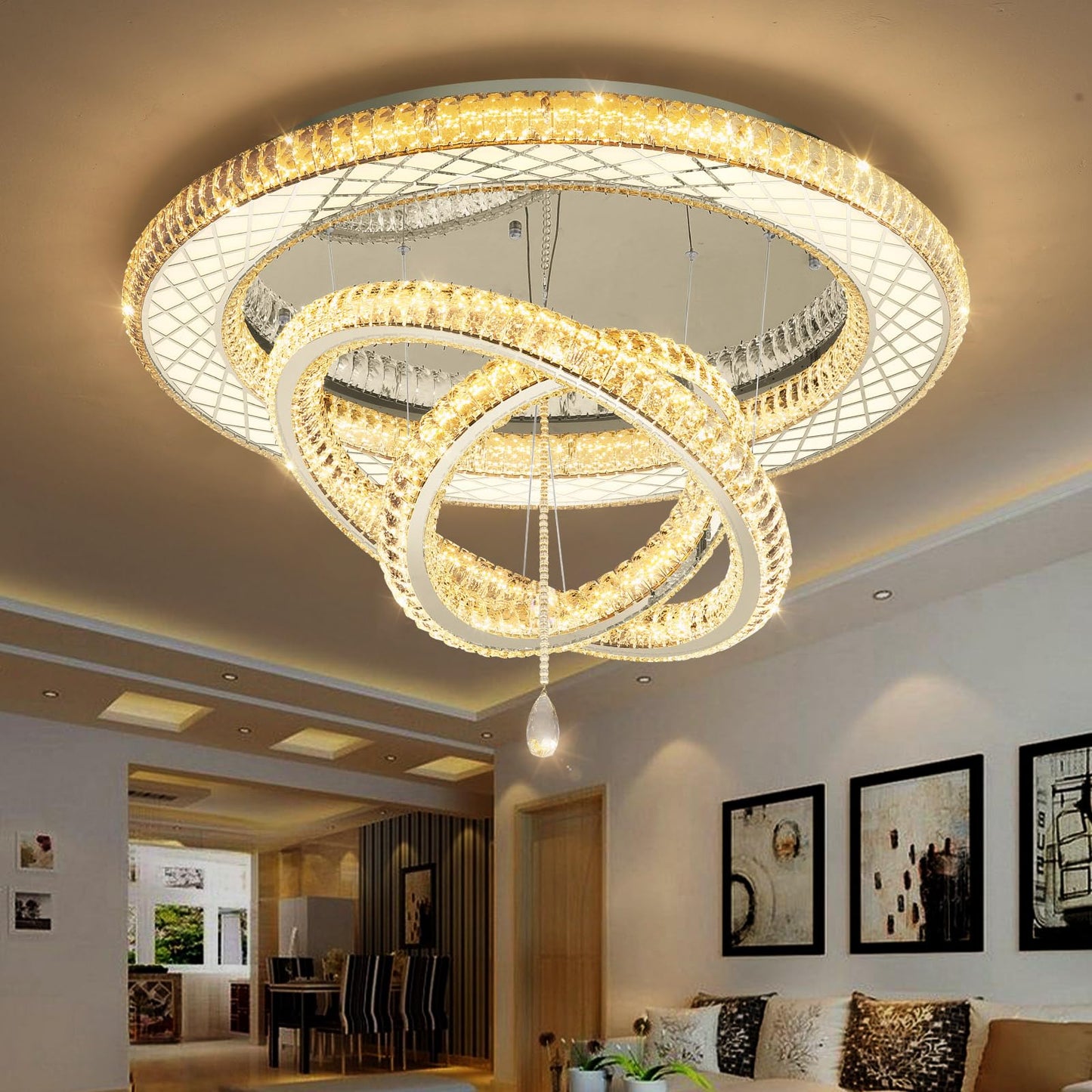 39.4" Modern Crystal Chandeliers Dimmable Lager Chandelier LED Flush Mount Ceiling Light High Ceiling Chandelier for Living Room Dining Room Bedroom Foyer Hallway Entryway Silver