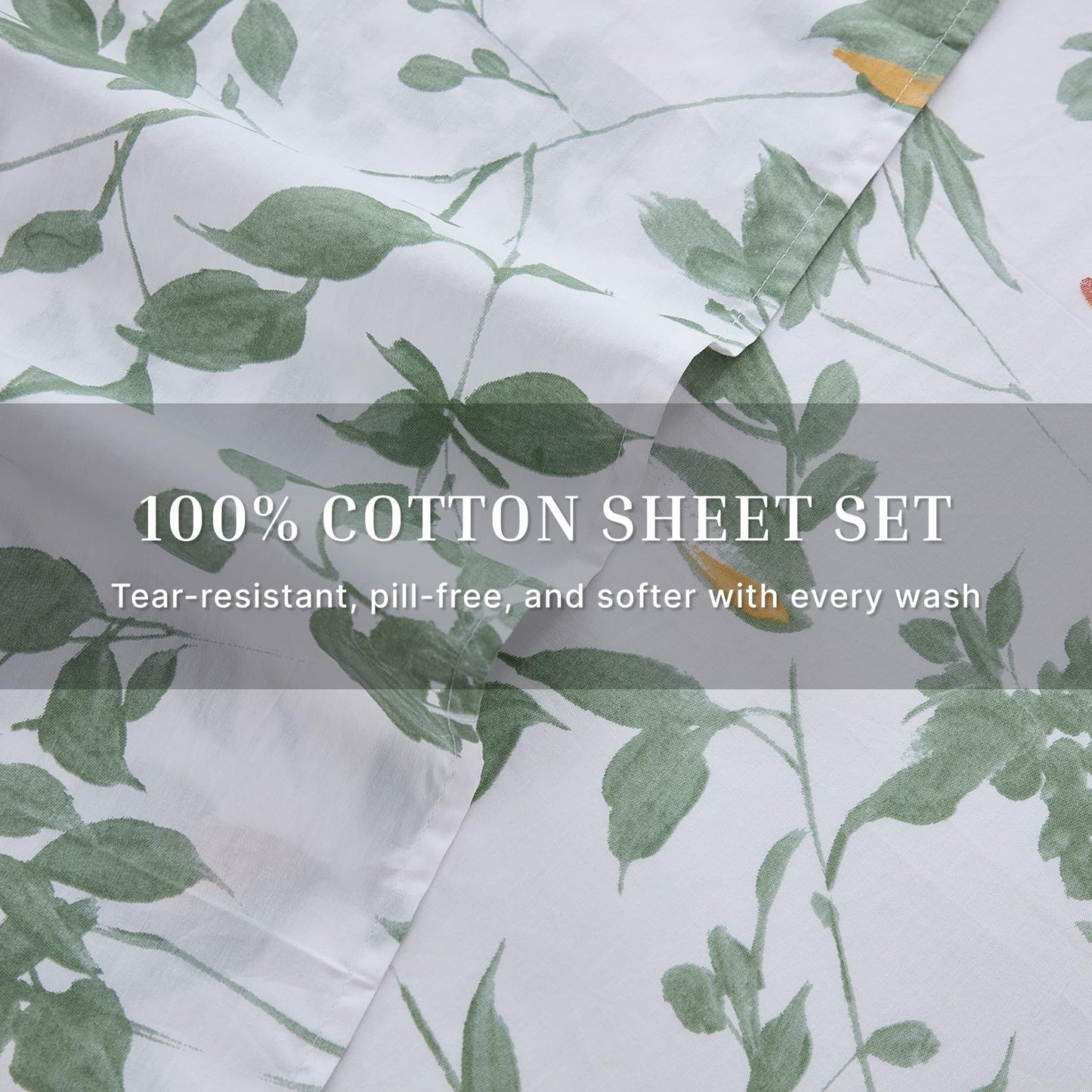 Cozaline 100% Cotton Sheets Set Queen Size – 4 Pieces Luxury Breathable Percale Cotton Bedding with Deep Pockets, Crisp Cool Feeling, Soft&Durable, Refined Botanical Elegance, Green Floral Bed Sheets