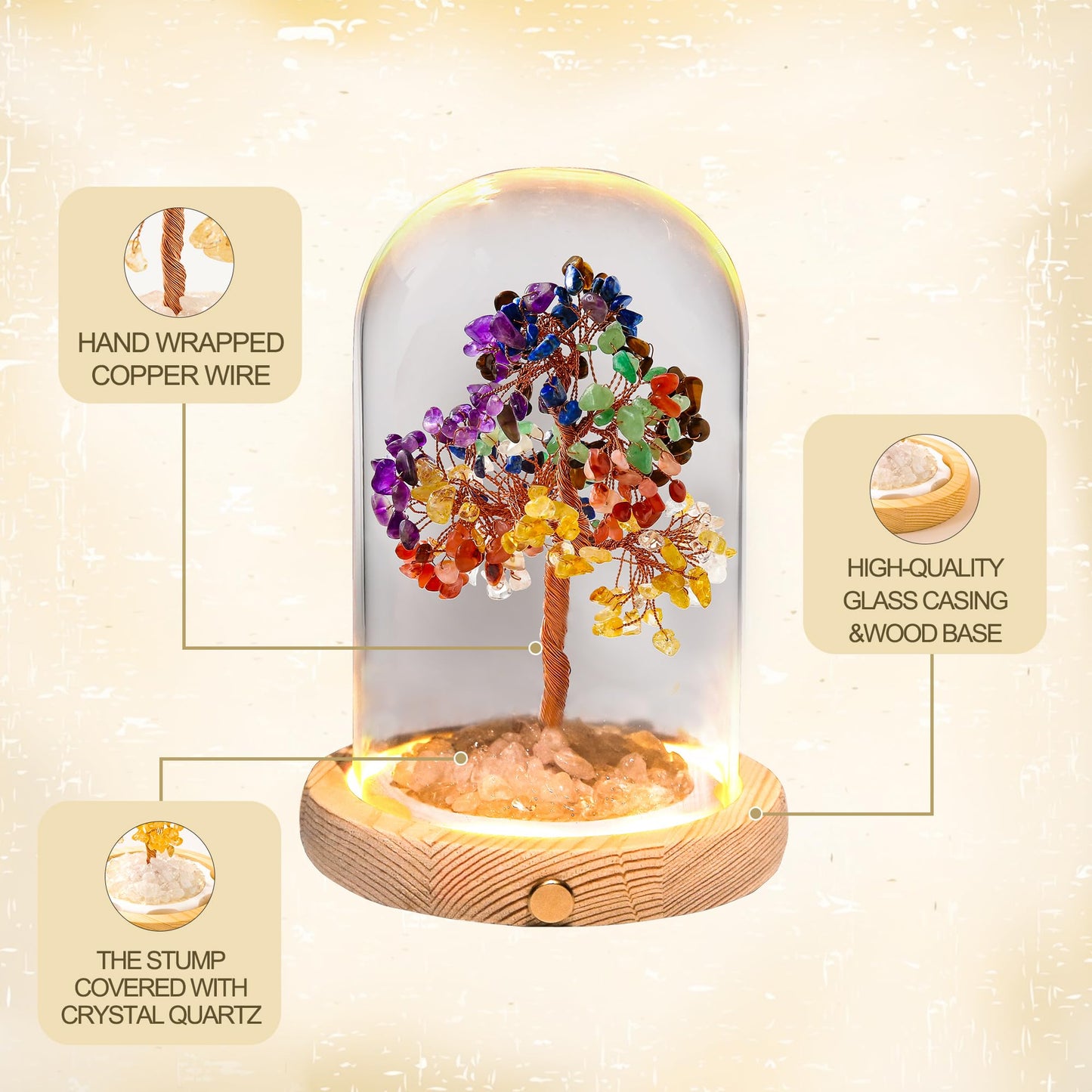 JLDTOP 7 Chakra Crystal Tree LED Night Light Glass Dome Healing Desk Decor