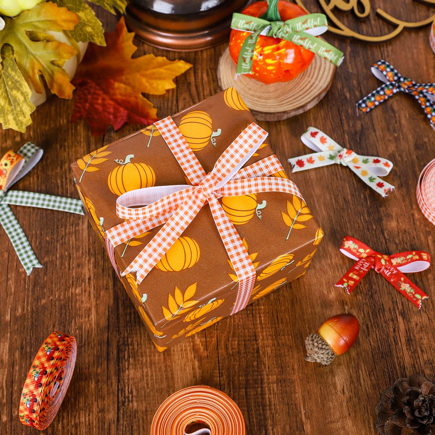 Whaline 120 Yards 24 Rolls Fall Thanksgiving Ribbons Pumpkin Maple Buffalo Plaids Leaves Printed Grosgrain Ribbons Autumn Harvest Thin Ribbons for Fall Craft Gift Wrapping Holiday Wedding Festival