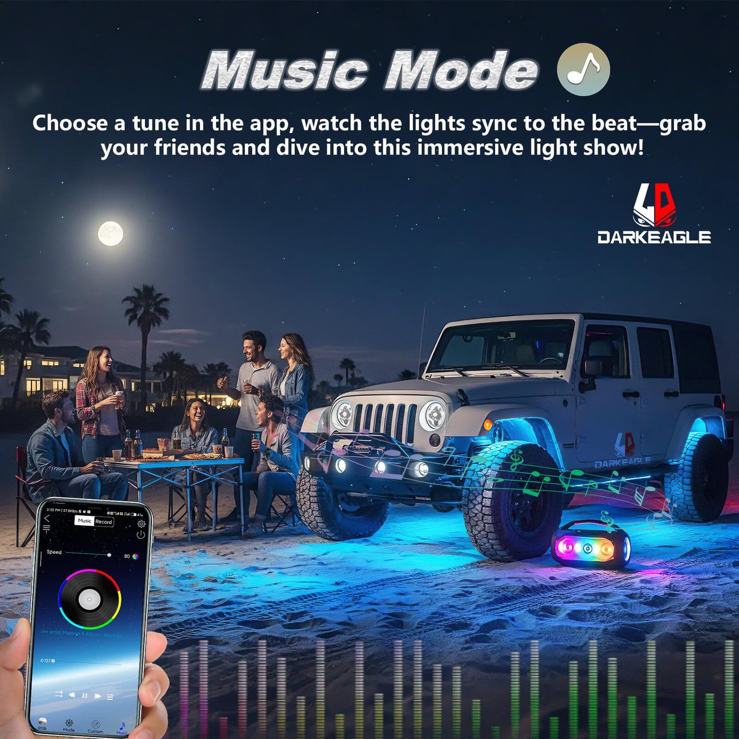 LD DARKEAGLE 8Pods RGB LED Rock Lights for Jeep Trucks Golf Cart ATV UTV RZR SUV Offroad, Multicolor Underglow Light Kit with APP/RF Remote Dual Zone Neon Vehicle Accent Underbody Light 12V Waterproof