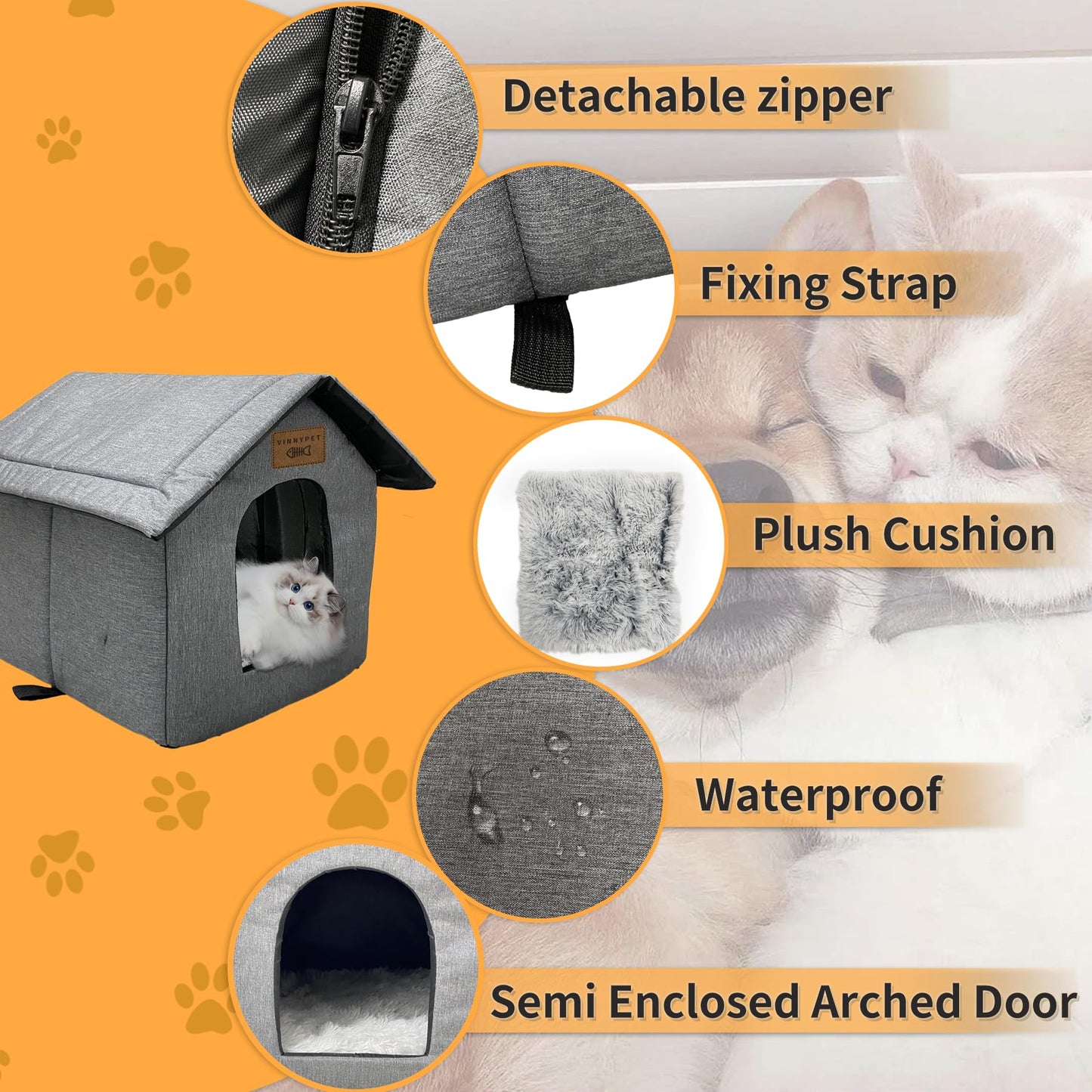 Vinnypet Cat House for Outdoors Waterproof Weatherproof Cat Cave Pet Shelter with Plush Cushion for Feral Cats/Dogs 35x30x35cm