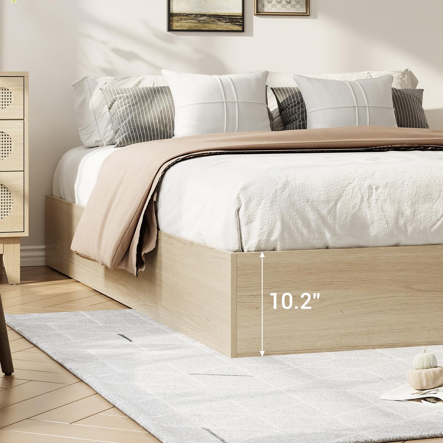 IDEALHOUSE Queen Bed Frame with 2 Storage Drawers, Wooden Bed Frame Without Headboard, Minimalist Floor Platform Bed, Wood Slat Support, Noise Free, No Box Spring Needed, Easy Assembly