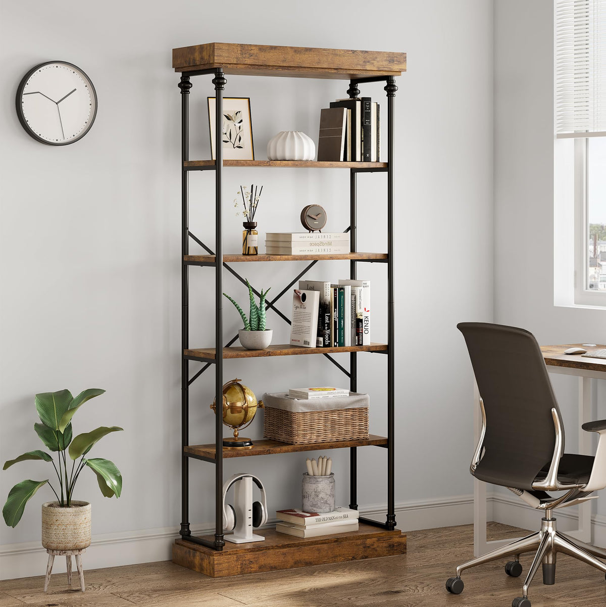 GarveeHome 6 Tier Bookshelf Industrial Bookcase Wood Tall Standing Bookshelves Wood Vintage Display Rack Rustic Bookshelf
