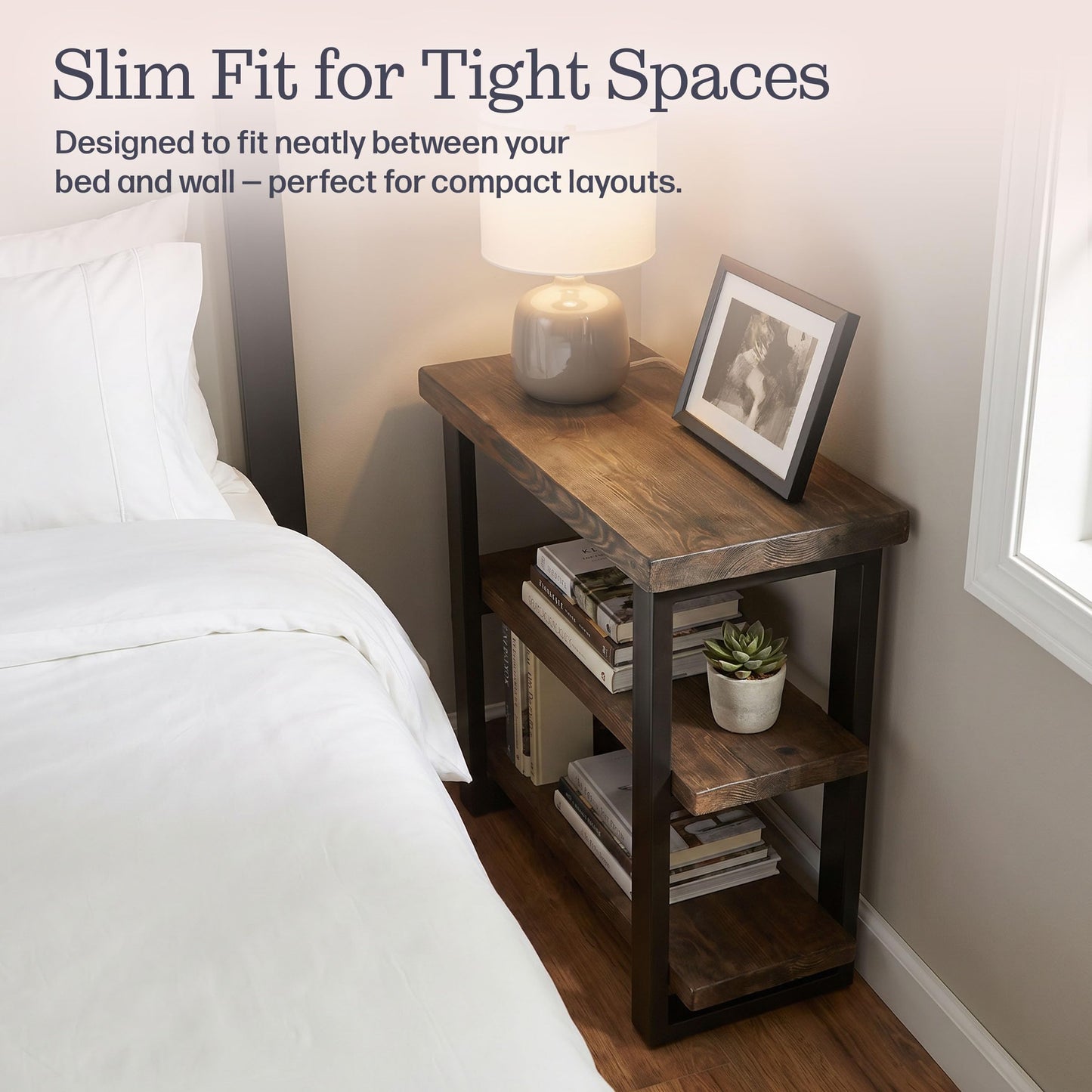 Alaterre Furniture Pomona Living Room 3-Tier Solid Wood End Table with Metal Legs & Storage Shelves – Modern Rustic Industrial Space-Saving Side Table or Nightstand (Rustic Brown)