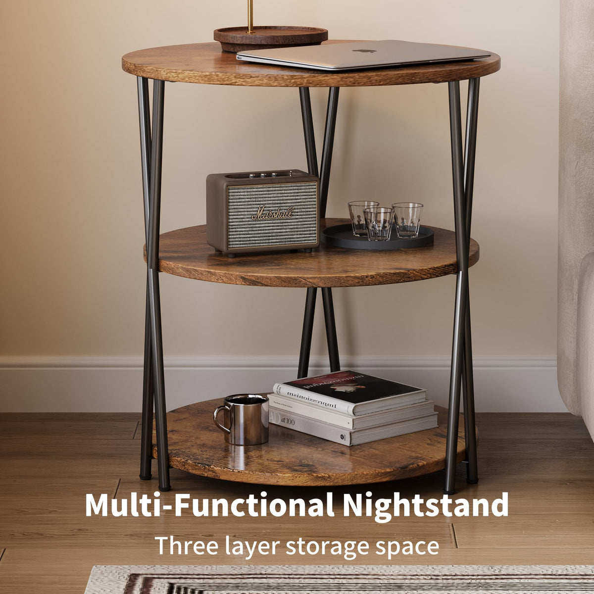 Lumbershed 23 Inch Round Side Table 3-Tier End Table Living Room Small Patio Table Nightstands Round Coffee Table Spacious Top for Couch Bedroom 3 Storage Shelves Accent Coffee Table, Rustic Brown