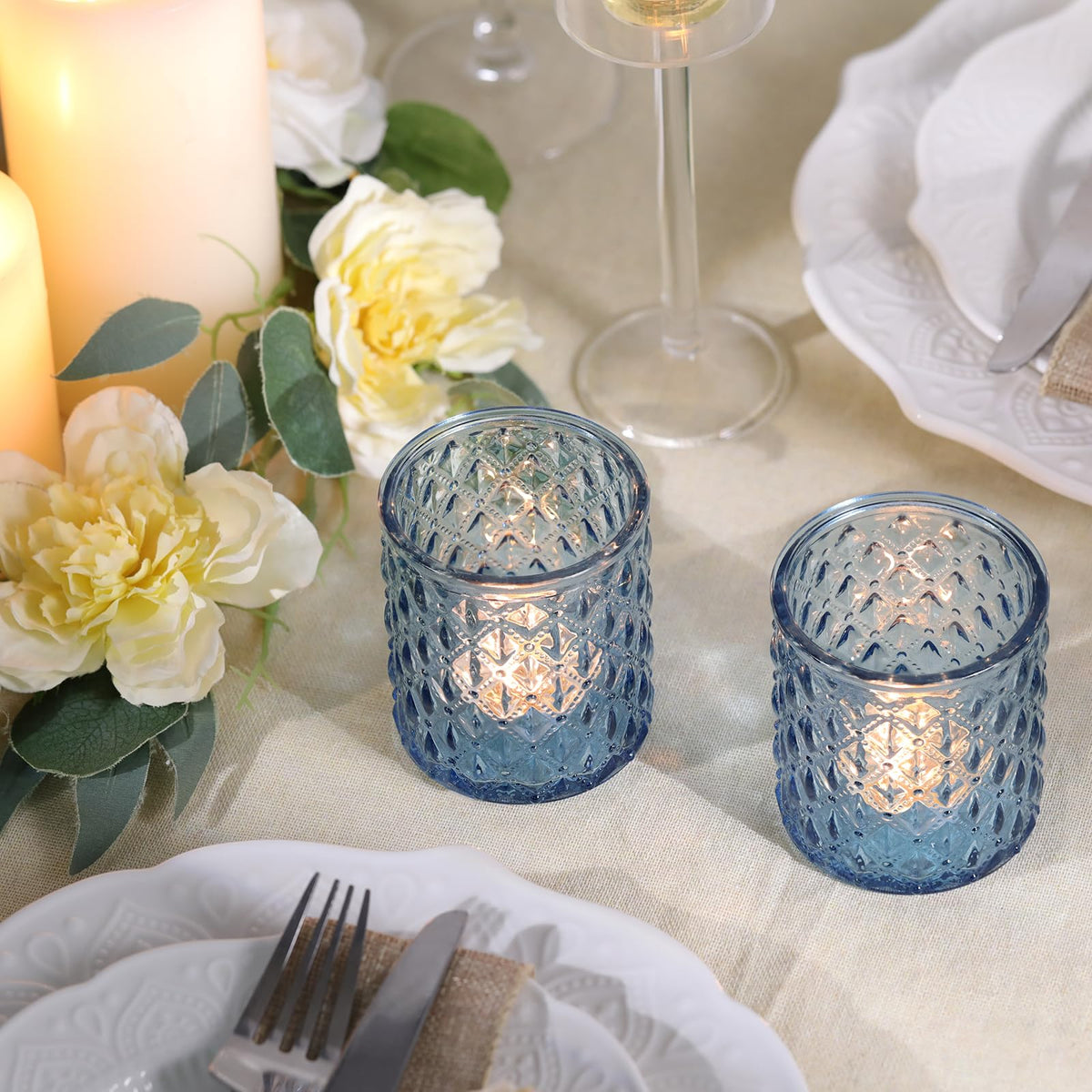 8 Pcs Large Votive Candle Holders Blue Tea Light Candle Holders Glass Candle Holder for Wedding, Bridal Shower, Table Centerpiece, Party, Home Decor