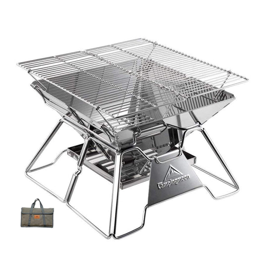 CAMPINGMOON Stainless Steel Foldable Camping Grills Portable Wood Burning Charcoal Grill 14-inch with Carrying Bag MT-2