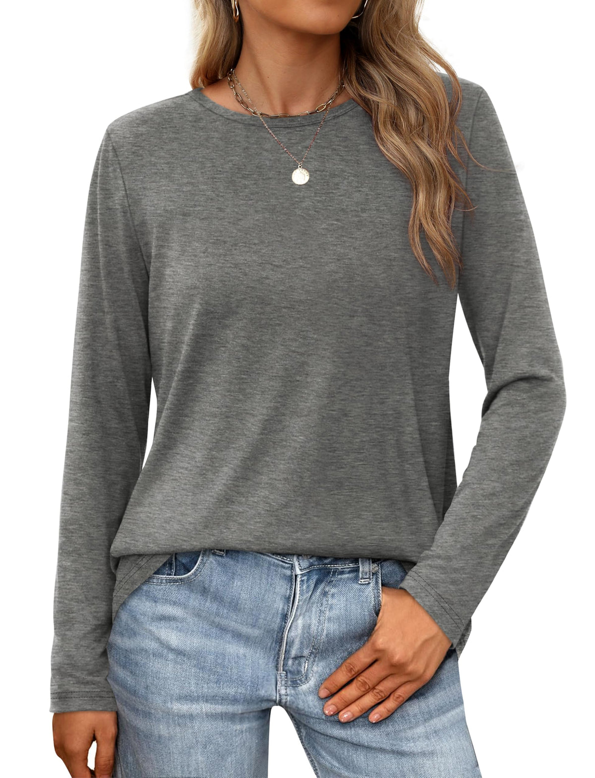 XIEERDUO Womens Long Sleeve T Shirts Loose Fit Crew Neck Fall Tops Lightweight Gray M