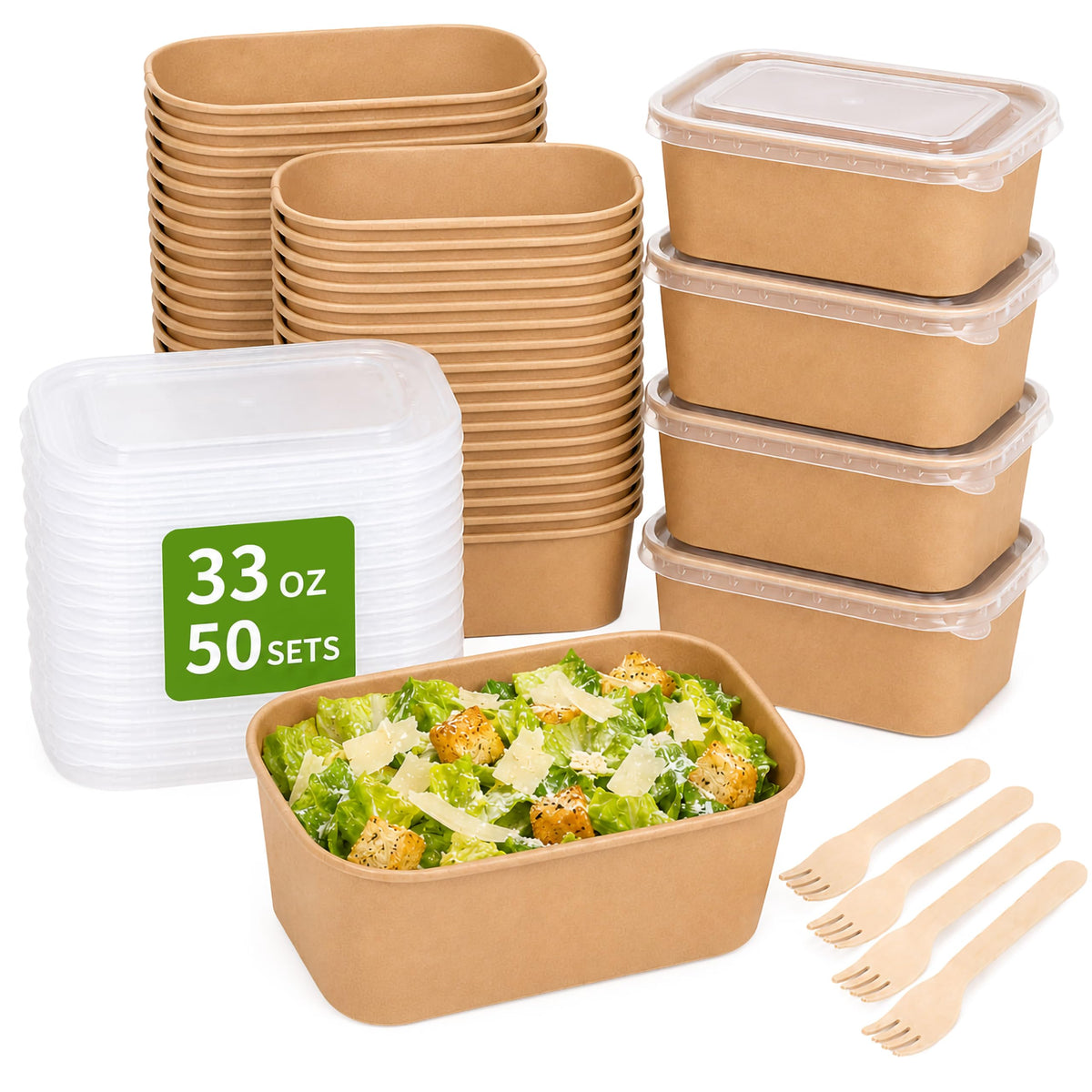 50 Pack 33 oz Disposable Kraft Paper Bowls with PP Lids and Wooden Forks