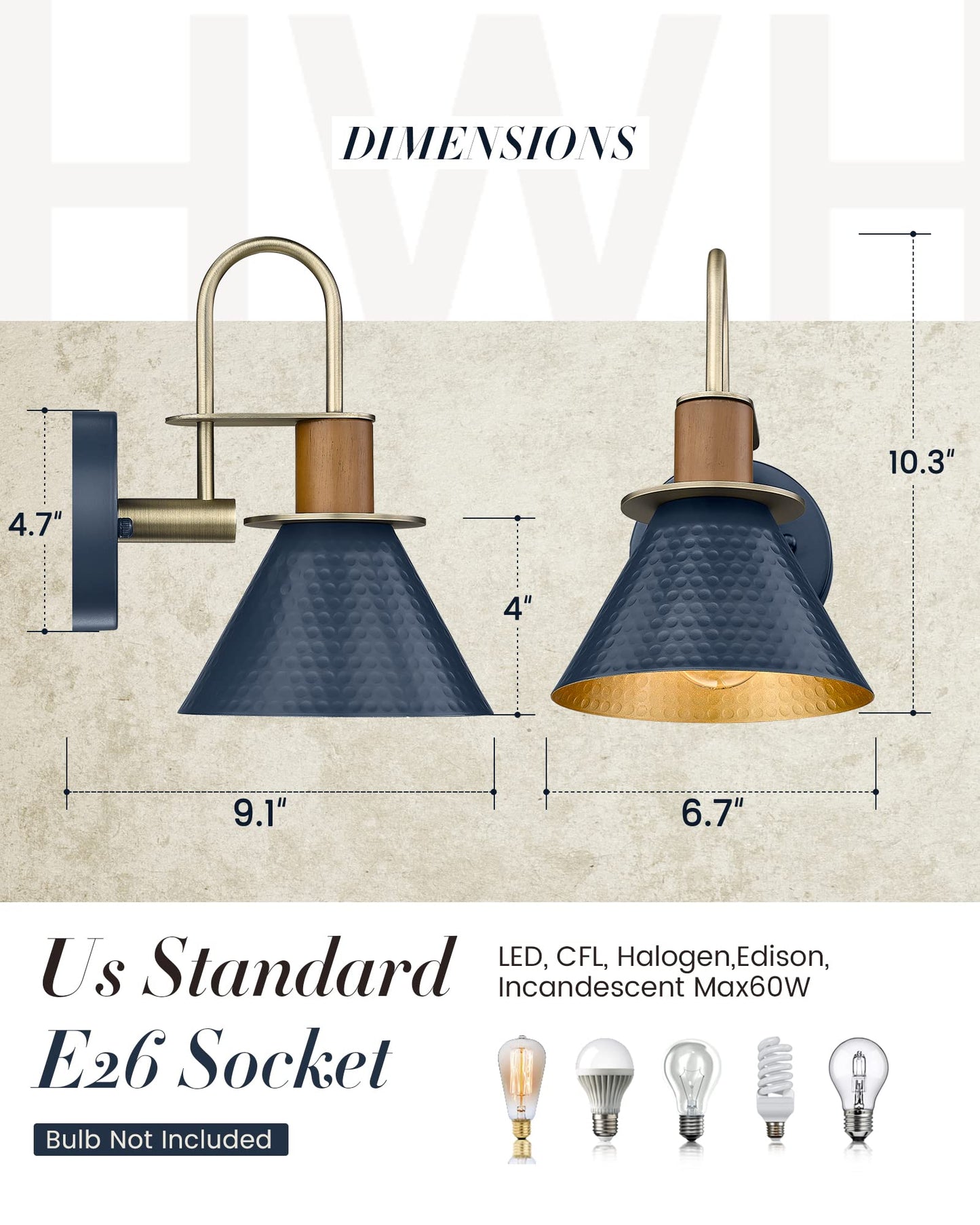 HWH Rustic Wall Sconces, Industrial Sconce Wall Lighting Indoor Wall Lamp, 1-Light Barn Vanity Light for Bathroom Bedroom Bedside, Hammered Metal Shade, Navy Blue Finish, 5HZG74B BL+BG