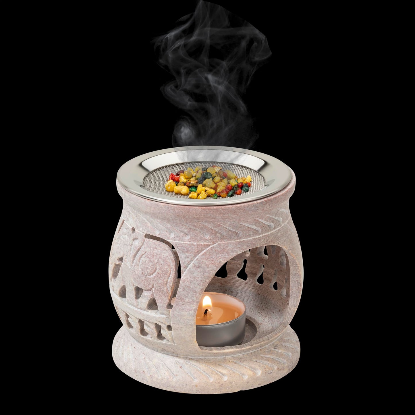 Soapstone Incense Burner with Strainer | 3.34 Inch Height & 3.15 Inch Diameter | Handmade Natural Stone Incense Holder for Gentle Aromatherapy with Tea Light | Decorative Meditation Accessory