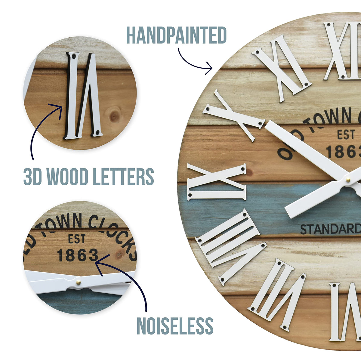 Oldtown Clocks 30" Wooden Multi-Color Maritime Coastal Beach Large Roman Wall Clock (Blue, 30 inch)