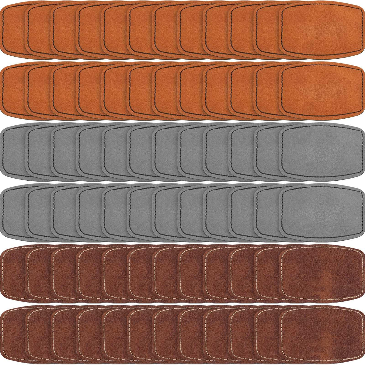 Dunzy 60 Pcs Blank Leatherette Hat Patches with Adhesive Rustic Rounded Rectangle Patch Faux Leather Patches for Hats Costumes Fabric Repair Sew Laser Supplies(Khaki, Gray, Brown,2x3inch)