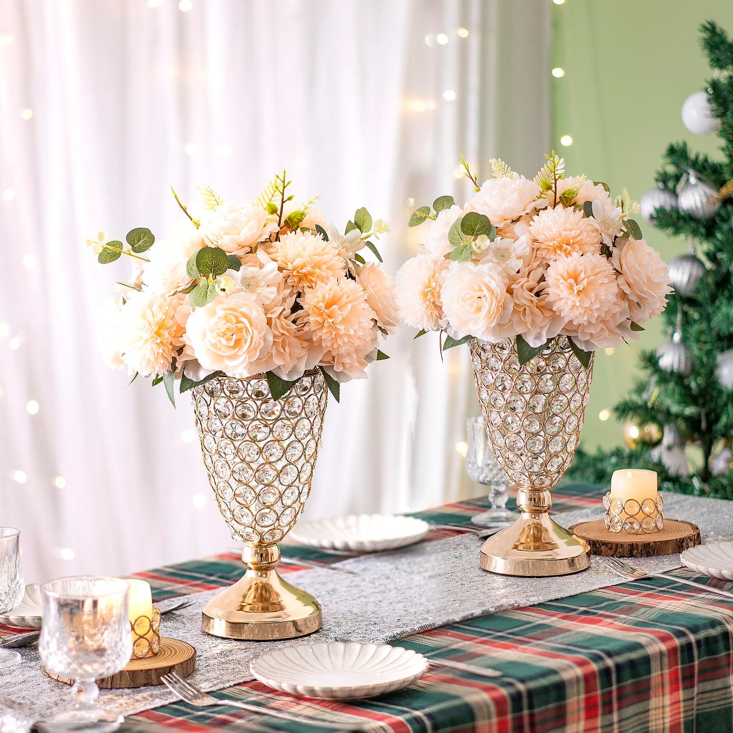 Gold Crystal Trumpet Floral Vase -2 Pcs Centerpieces for Wedding Table, 10.6" Wrought Iron Crystal Vase, Flower Vases for Party Dinner Centerpiece Event, Anniversary Ceremony Birthday Home Decoration