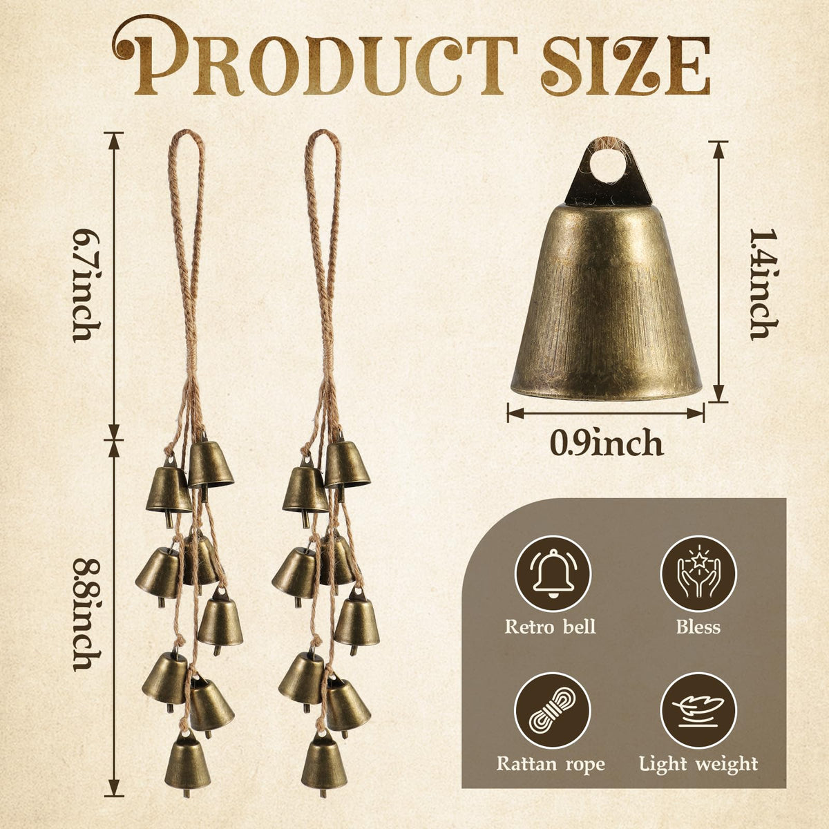 2 Pack Witch Bells for Door Knob Protection Outdoor Bells Small Hanging Bells for Door knob Witches Bells Magic Wind Chimes for Home Protection Witch Bells Kit(Rustic)