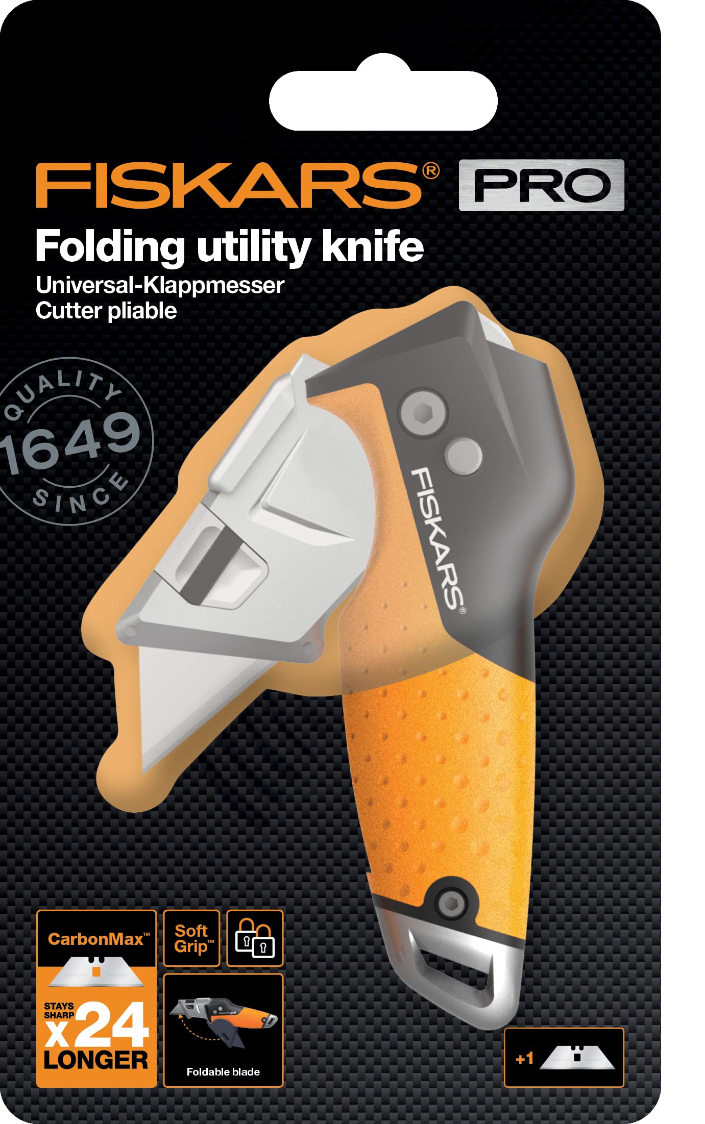 Fiskars CarbonMax Folding Utility Knife, Length 17cm, Stainless Steel Blade/Plastic Handle, Black/Orange, 1027224