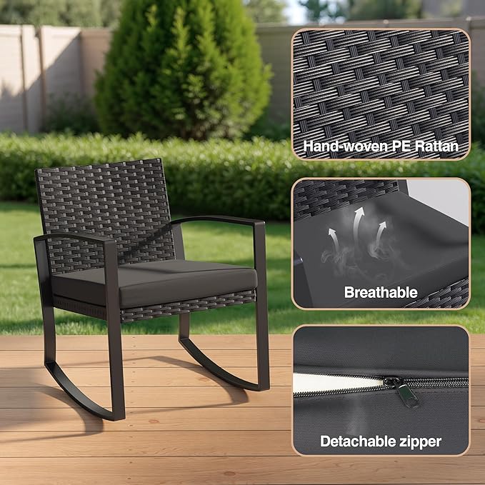 3 Pieces Patio Furniture Set Rocking Bistro Set, Outdoor Patio Furniture Set with Coffee Table for Garden Balcony Backyard Poolside (Black Cushion)