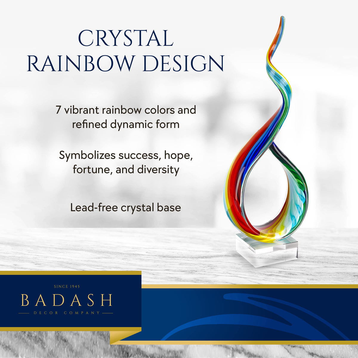 Badash Rainbow Murano-Style Sculpture - Home Decor Statue Glass Art - 18" Tall Mouth-Blown on Crystal Base