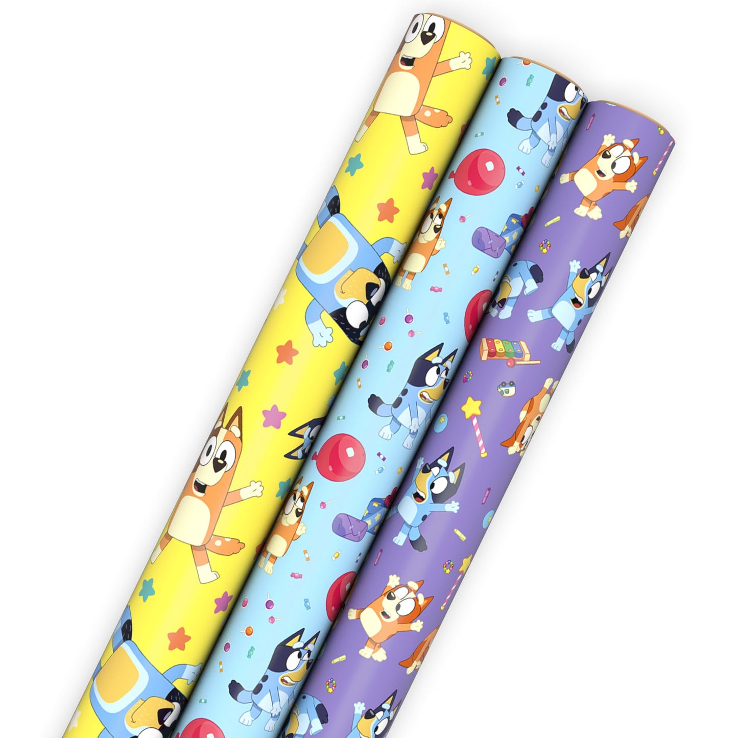 Hallmark Bluey Wrapping Paper Rolls for Kids (3 Rolls: 60 Sq. Ft. Total) Purple, Blue and Yellow Gift Wrap for Birthdays, Christmas, Valentine's Day