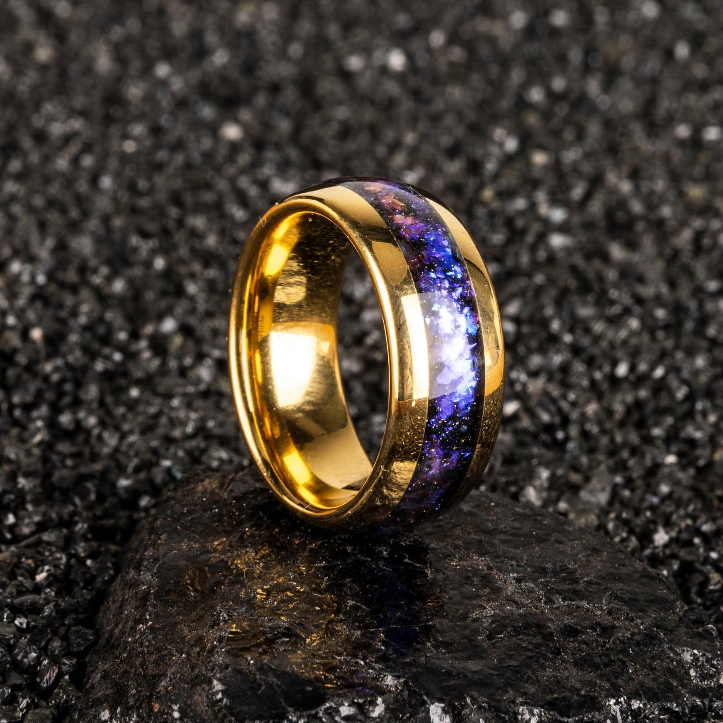 JEWPER 8mm Men Womens Wedding Band Tungsten Rings Gold Fashion Promise Carbide Inlaid Galaxy Sandstone Matte Finish Edge Comfort Fit Size(9)