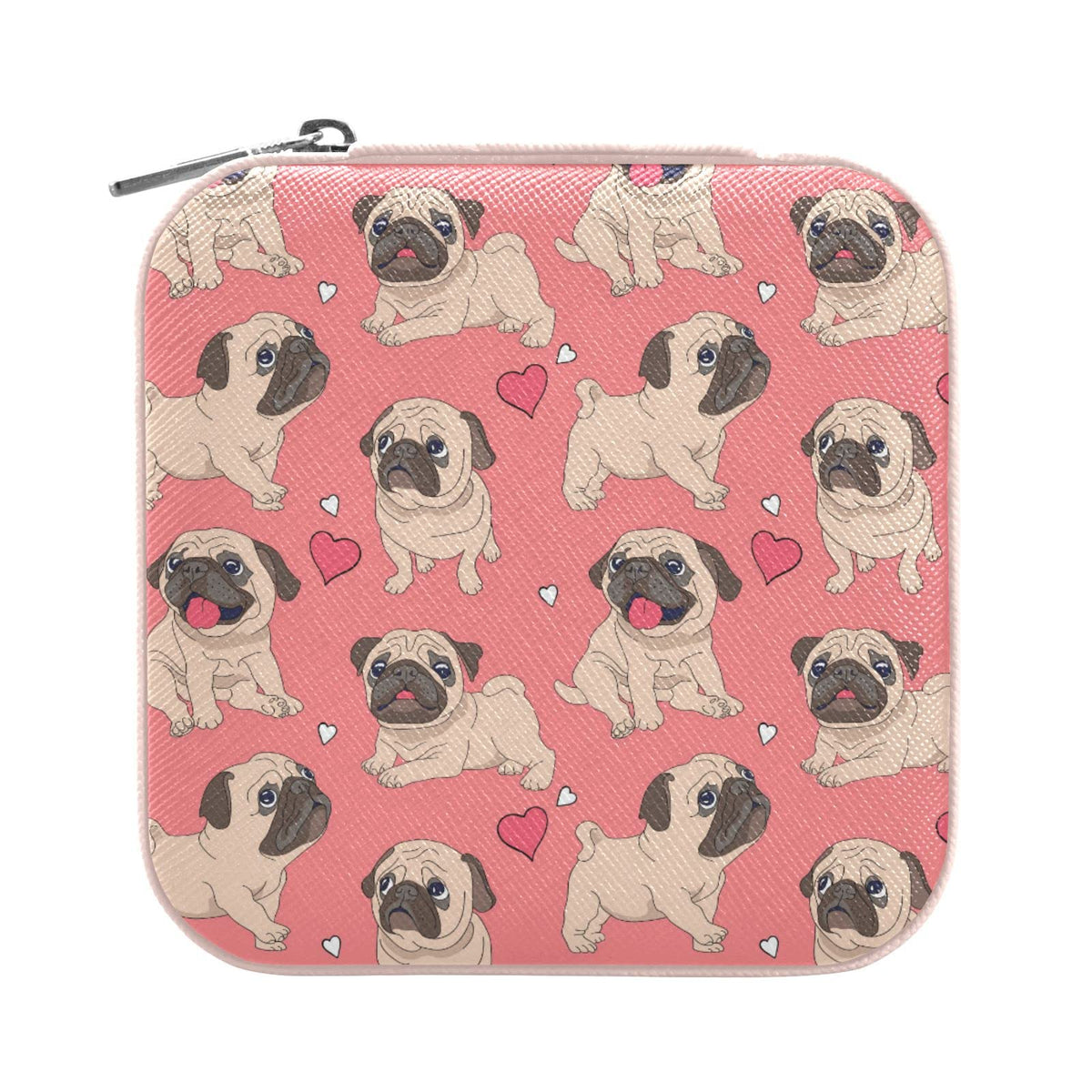 ZZKKO Funny Cartoon Pug Puppy Small Jewelry Box Travel Jewelry Case Leather Jewelry Travel Organizer Mini Portable Storage Boxes for Womens Rings Necklaces Gifts Pink