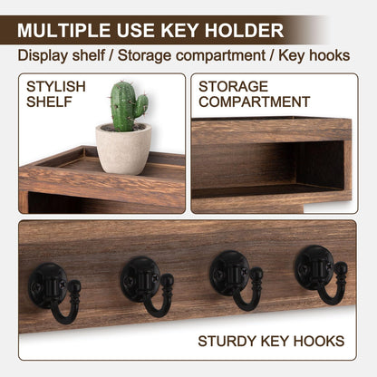 Lucundm Key and Mail Holder Wall Mount, Key Hanger with Long Storage Box and 6 Hooks for Coat, Dog Leash, Home Decor Rack, House Accessories, Entry Way Organizer (Brown)