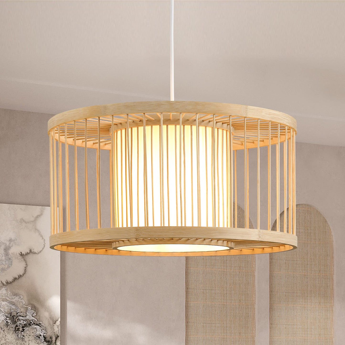 Karjearl Boho Rattan Pendant Lights, 15.8" Coastal Drum Wicker Hanging Light Japanese Country Light for Dining Room Kitchen Living Room Bedroom, 1-Light E26 Base