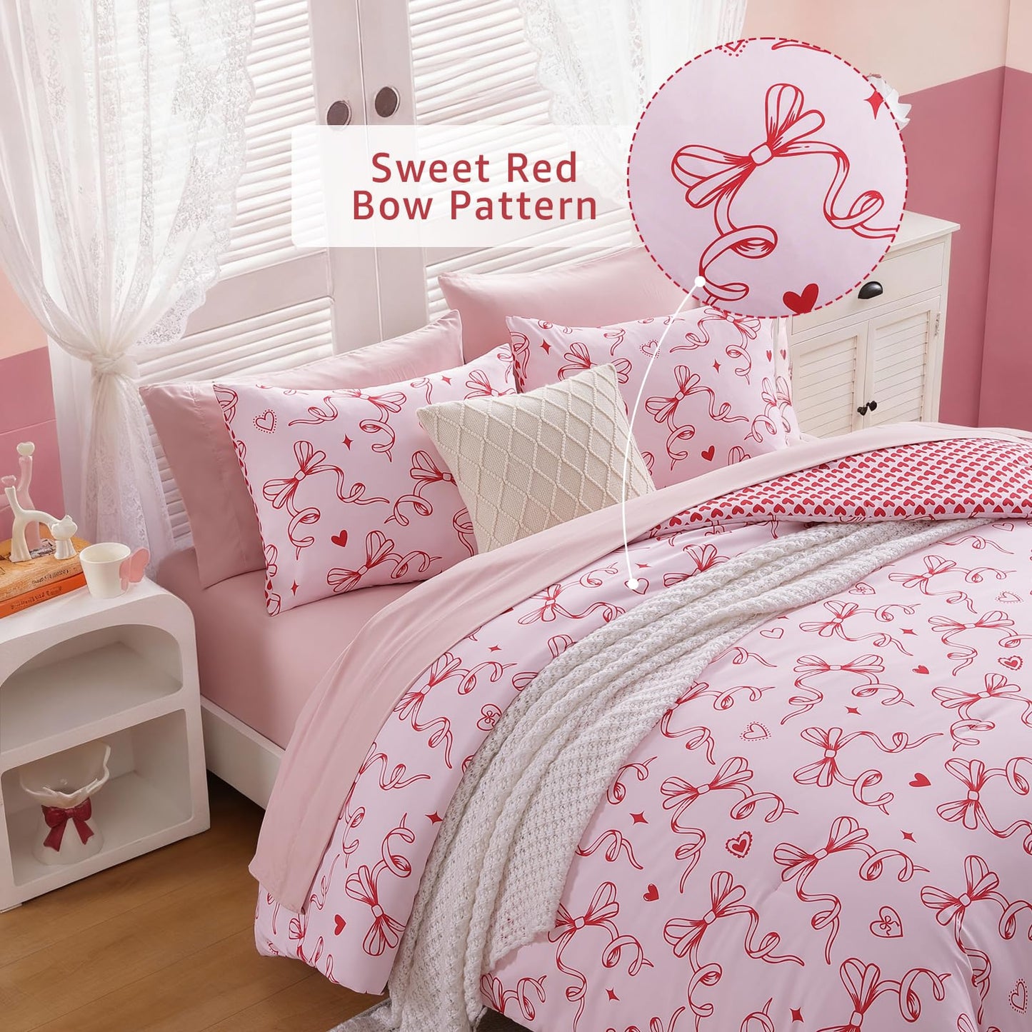 AMBERSPACE Twin XL Comforter Set for Girls, Red Bow Bedding Set Reversible with Cute Heart, All Season Kids Dorm Bed in a Bag 5 Pieces with Sheets, Pillowcase & Sham