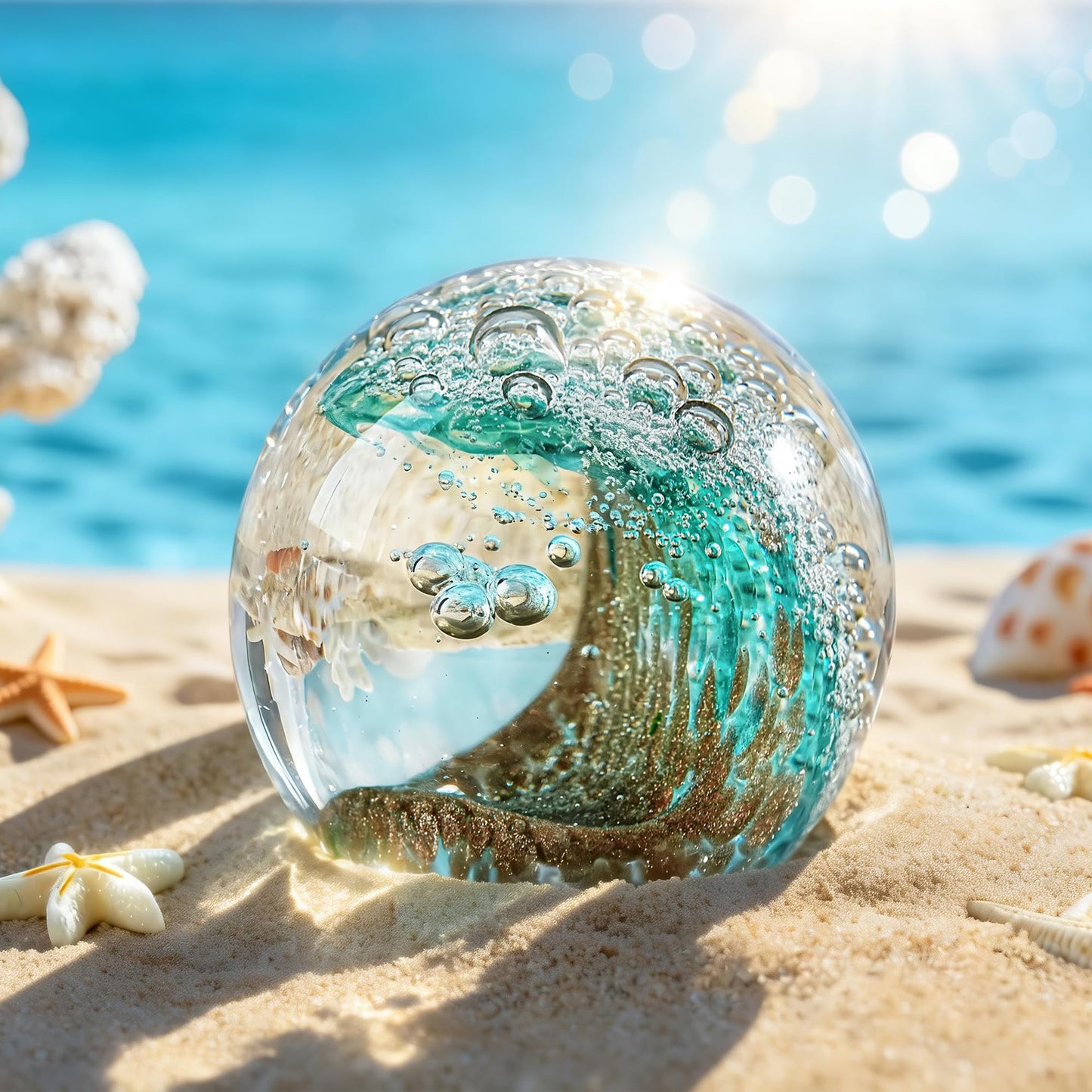 H&D HYALINE & DORA 2.3 Inch Hand Blown Crystal Ball Ocean Waves Glass Ball Paperweight Aquarium Office Decorative Balls Ocean Lovers Gifts(Green)