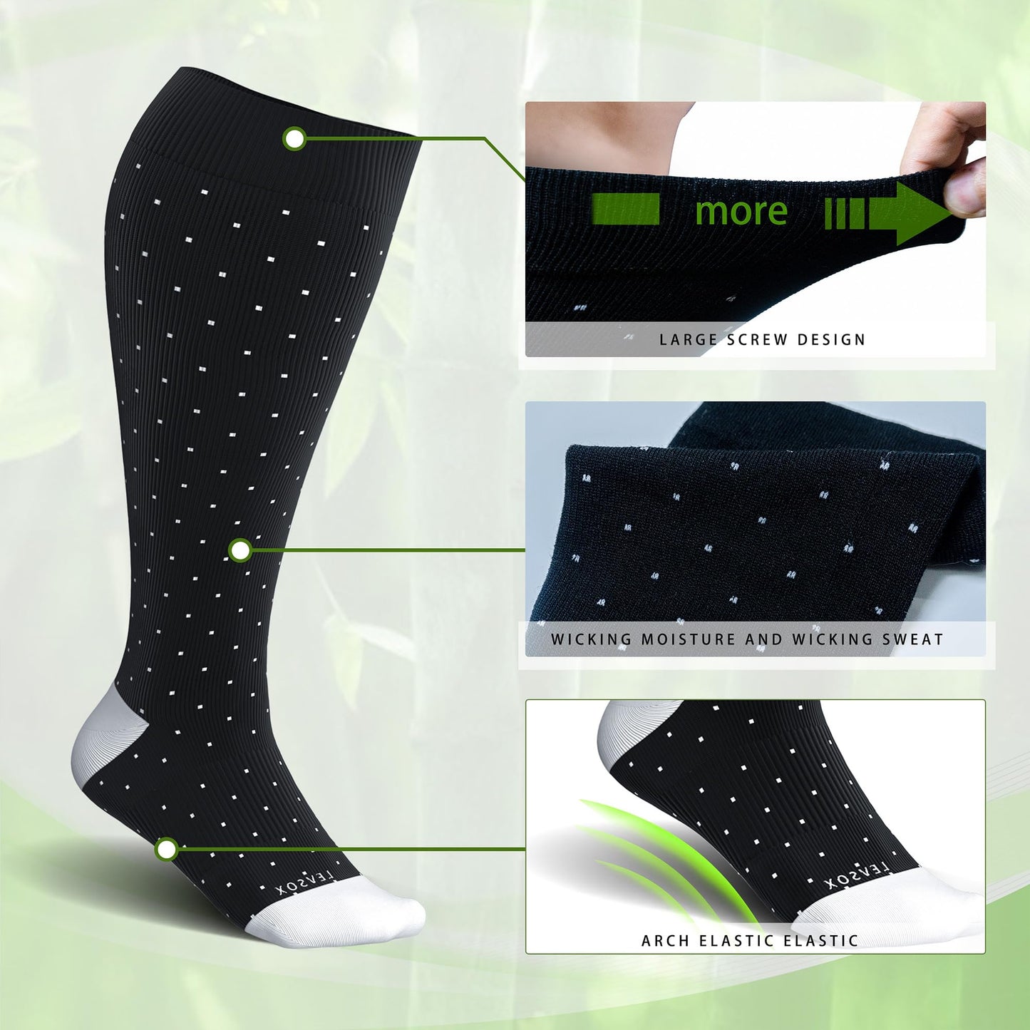 LEVSOX Bamboo Plus Size Compression Socks for Women Men Wide Calf 15-20mmHg Knee High for Pregnancy, Nurse, Travel, 3 Pair-polkadots, 3XL