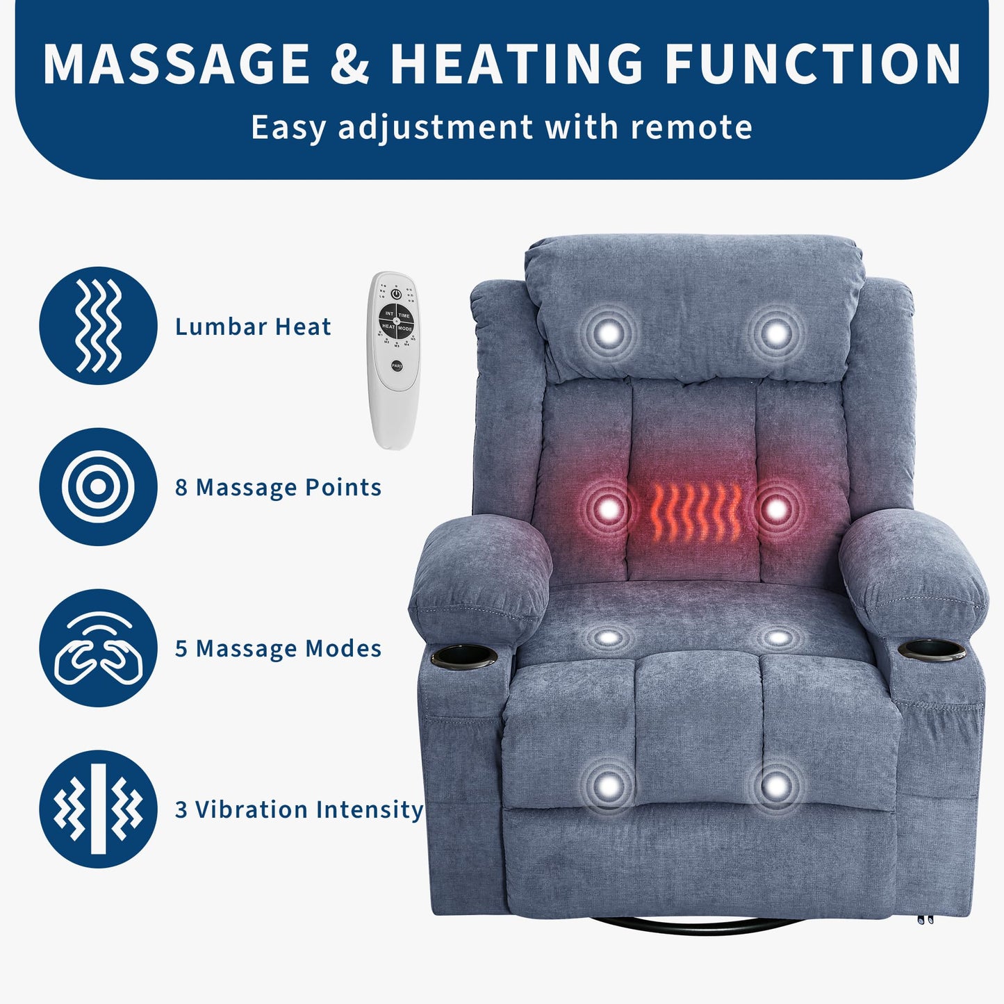PeacefulHues Large Recliner Chair with Massage & Heat, Comfy Sofa Chair with 3 Positions, Side & Front Pockets, 2 Cup Holders for Living Room, Bedroom, Office, Lounge Area, Gray