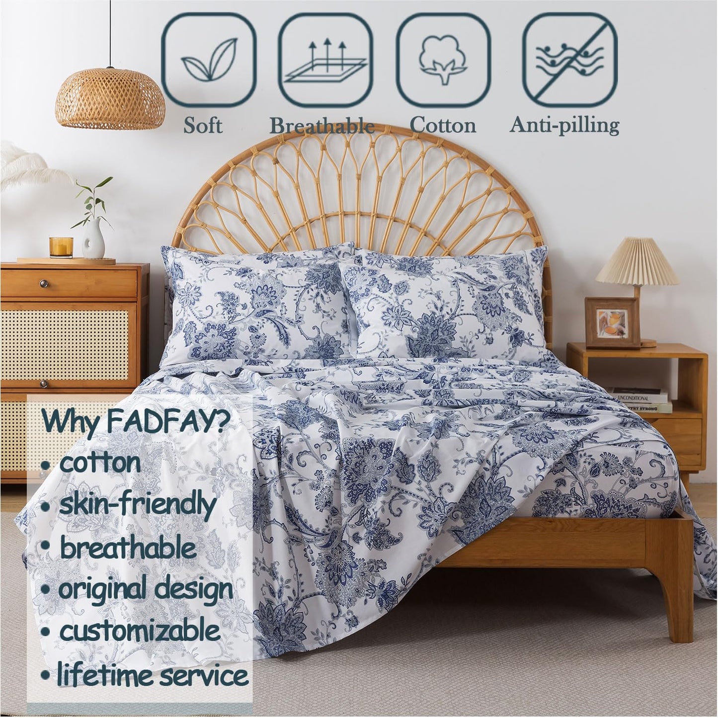 FADFAY Cal King Sheets Set Percale Cotton Floral Bed Sheets Deep Pocket Fitted Sheet, Luxury Blue Floral Pattern Classic European Style Bedding for All Season,Super Soft Crisp & Breathe,4Pcs
