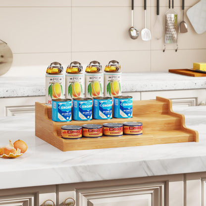 Expandable Bamboo Can Rack Organizer for Pantry, 3-Tier Adjustable Can Storage Holder, Soda Organizer Holds Up to 24 Cans, Canned goods Storage Display for Pantry, Cabinet, Countertop (patent pending)