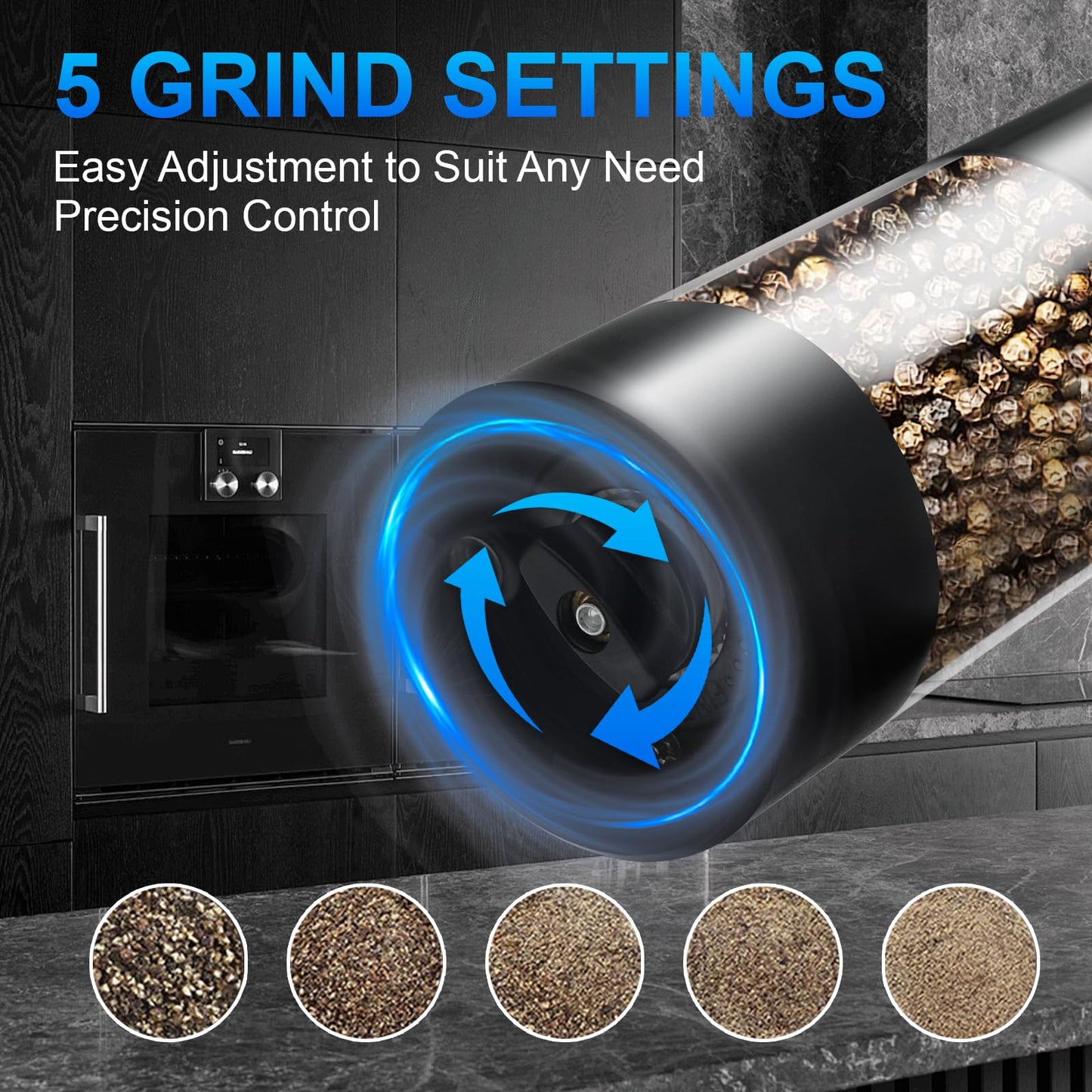 JIDSPWLS Electric Pepper and Salt Grinder Set（2 Pack Black/Black）Adjustable Coarseness Salt & Pepper Mill,With LED Light,Easy to Clean,Battery Powered,One Handed Operation,Kitchen Essential