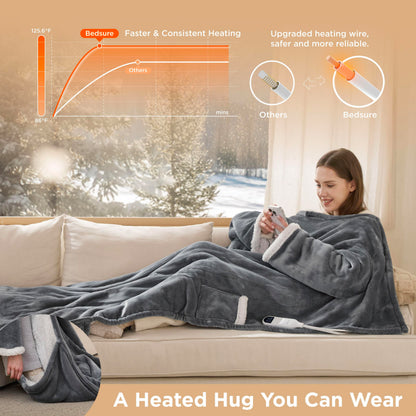 Bedsure Heated Blanket Wearable Shawl - Electric Wrap Poncho Blanket Hoodie for Adult, Birthday Gifts for Mom Women, Sherpa Heating Throw with 4 Time Settings & 6 Heat Settings, 55x64 inches, Grey