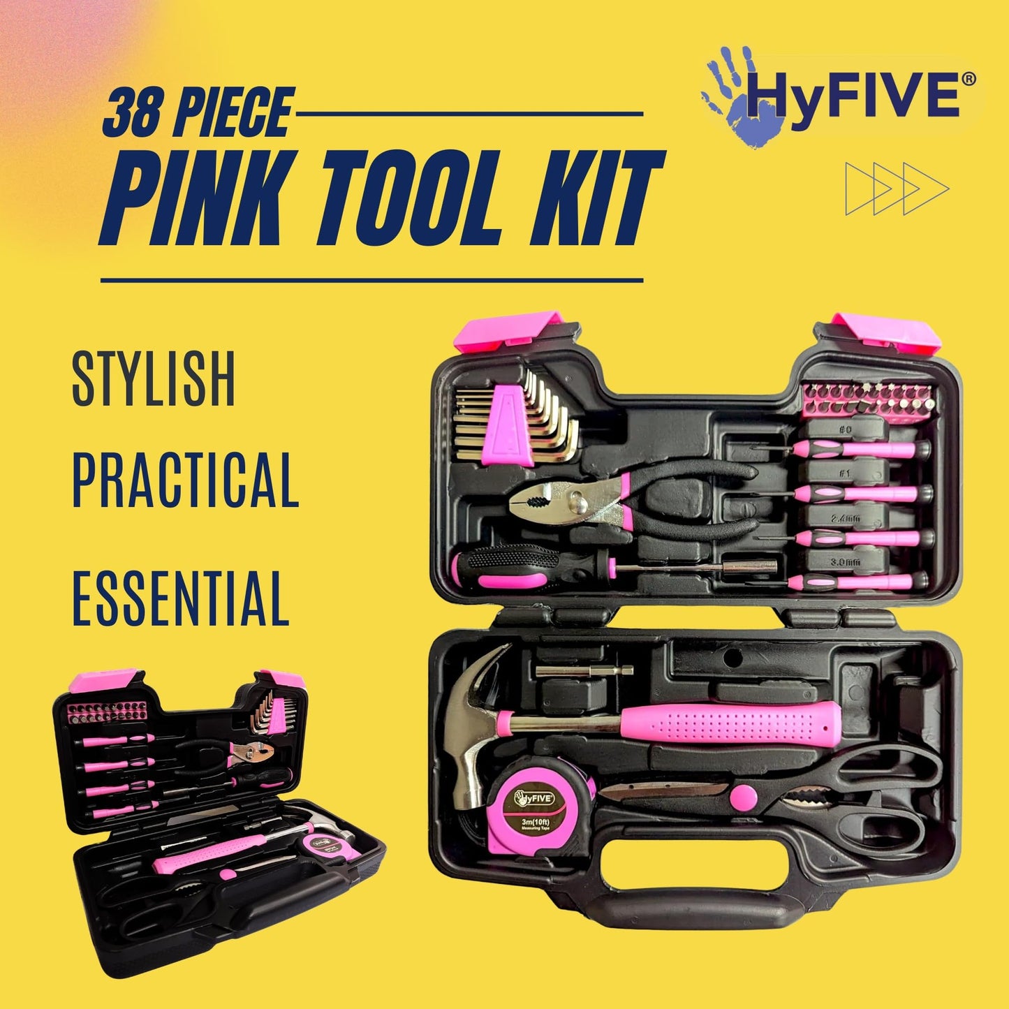 Pink DIY Tool Kit Set in Carry Bag - Hammer, Pliers, Screwdriver - 38pcs