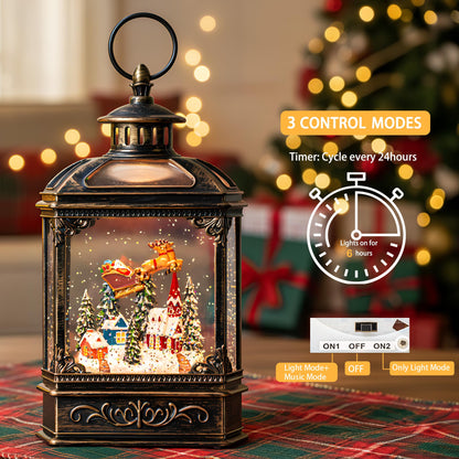 VISFLAIR Christmas Snow Globe Lighted Church & Flying Santa Scene, Musical Snow Water Lantern Swirling Glittering Home Decoration and Gift, Battery Operated or USB Powered