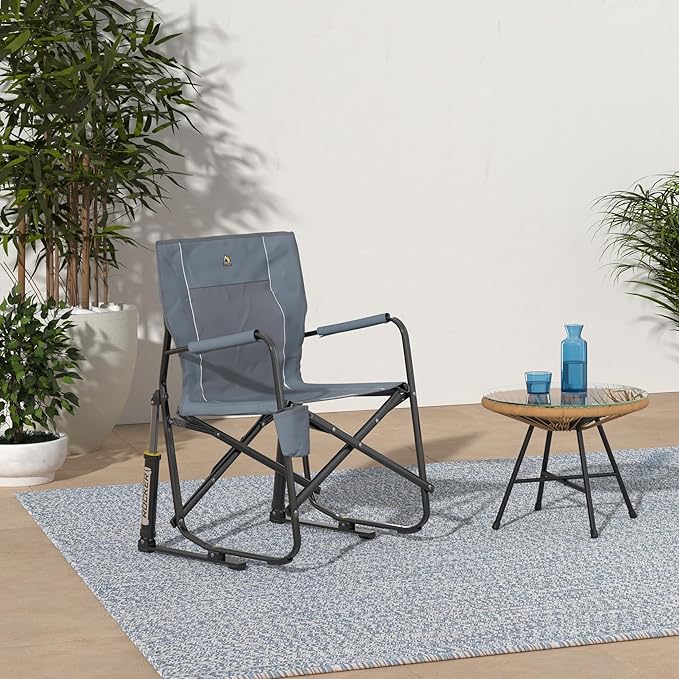 GCI Outdoor Freestyle Rocker Camping Chair | Portable Folding Rocking Chair with Solid, Durable Armrests, Drink Holder & Comfortable Backrest — Grey
