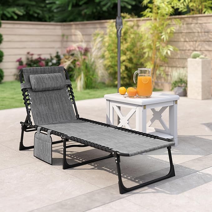 Outsunny Chaise Lounge Chair Outdoor, 5-Position Adjustable Sun Tanning Chair with Carrying Handle and Side Pocket, Folding Bed Cot with Removable Pillow for Garden, Beach, Patio, Pool, Camp, Gray